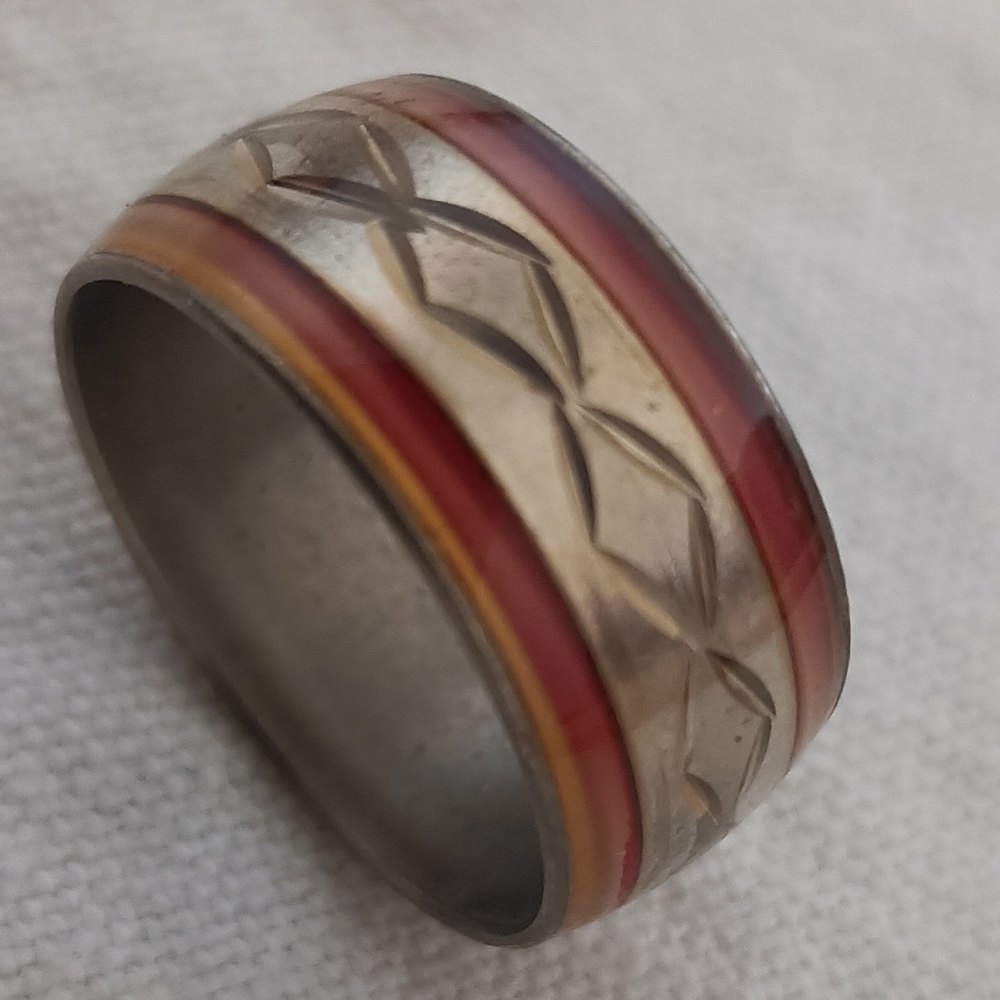 Men's Steel Ring with Red and Gold Inlay
